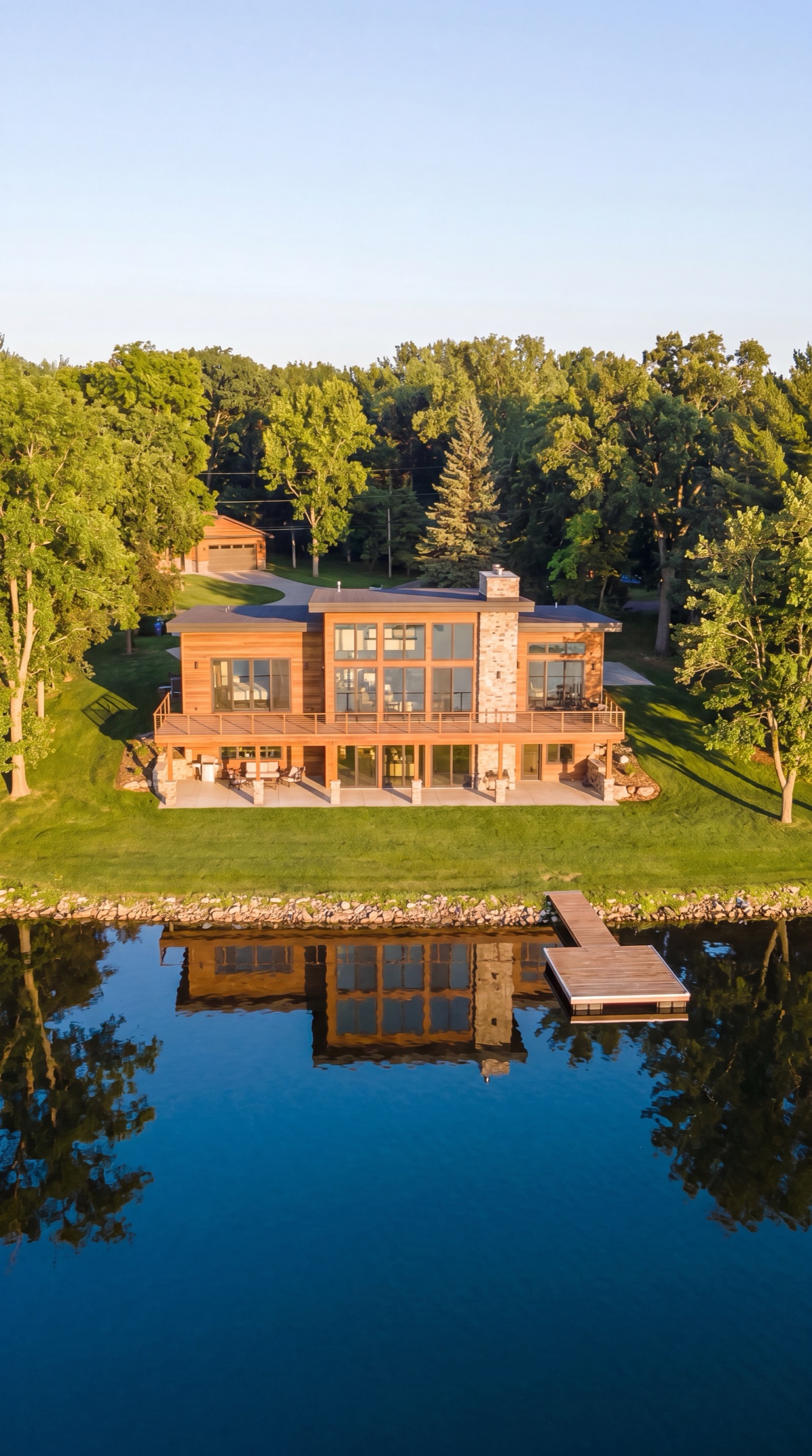Vertical aerial of a lakefront home from over the water